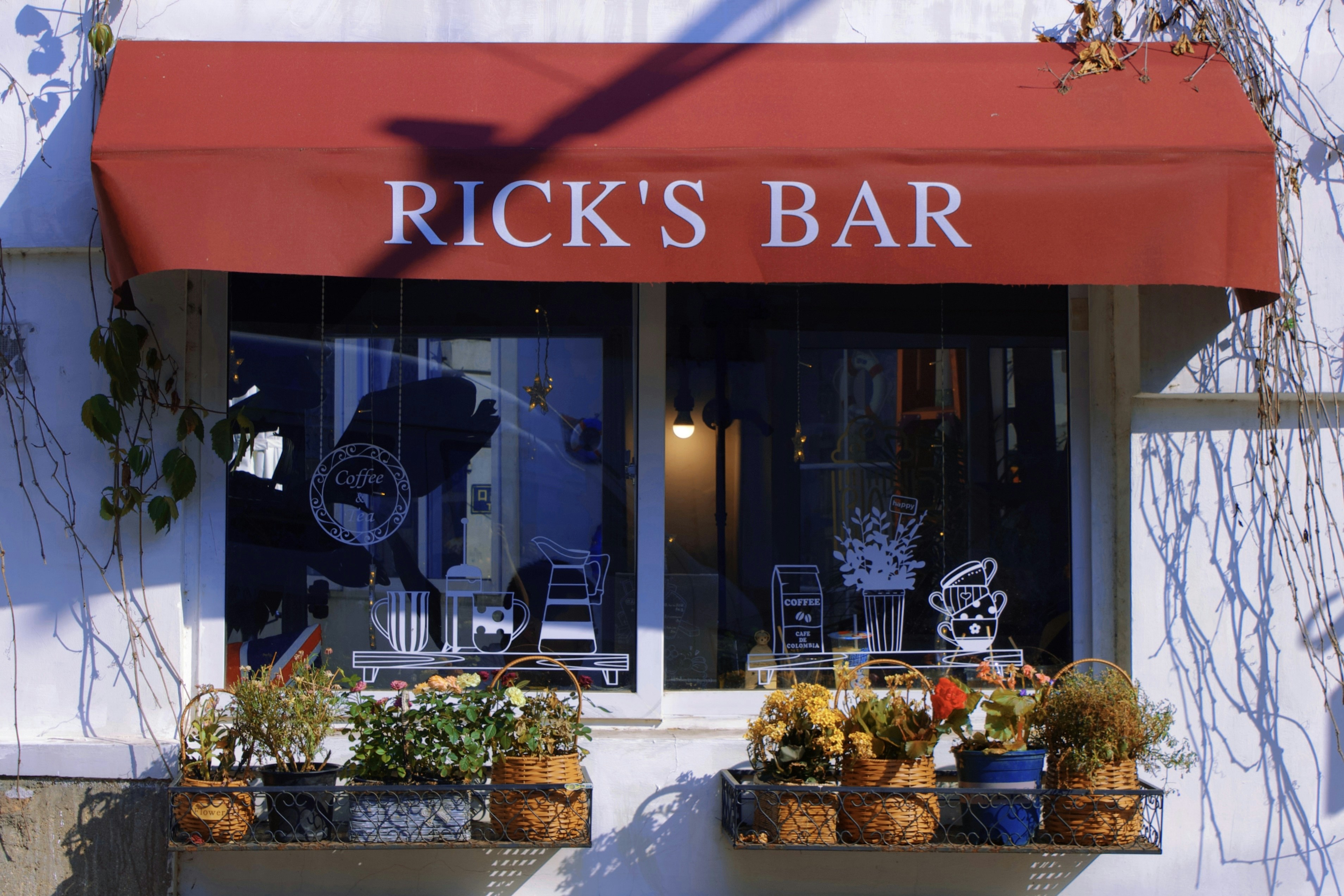 A storefront with a red awning displaying the words 'Rick's Bar' in white letters. Underneath the awning are windows decorated with images of coffee cups, plants, and various items related to a cafe setting. Below the window, a row of potted plants in baskets sits on a ledge. The wall is adorned with vine-like plants climbing up the side.