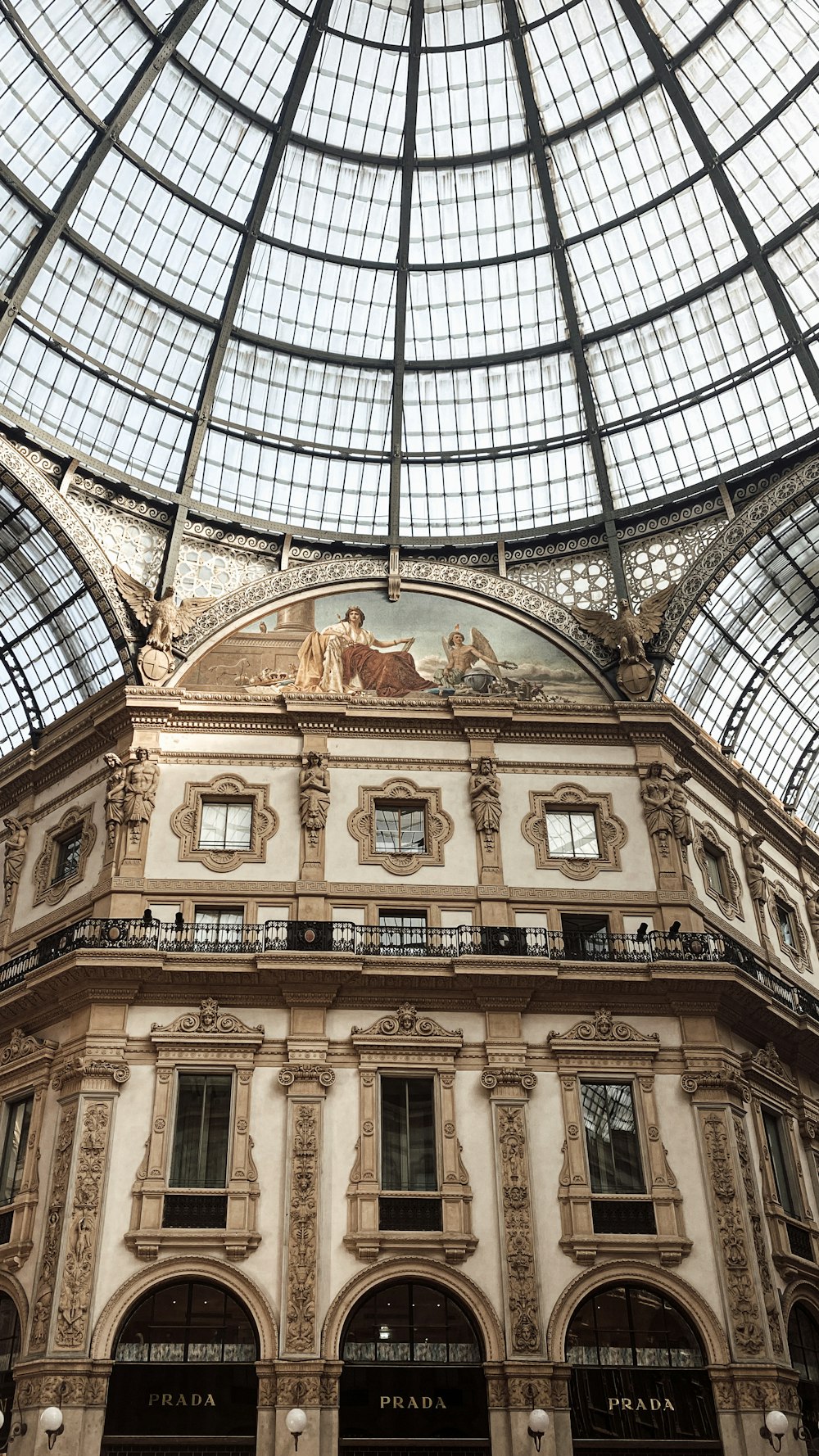 the inside of a building with a glass roof