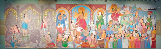A vibrant mural on the ark depicting intertwined symbols from the Bible, Hinduism, and Islam against the backdrop of Nepal's mountains.