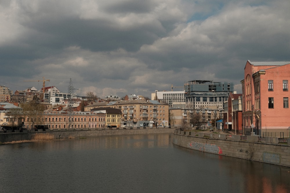 a body of water with buildings in the background