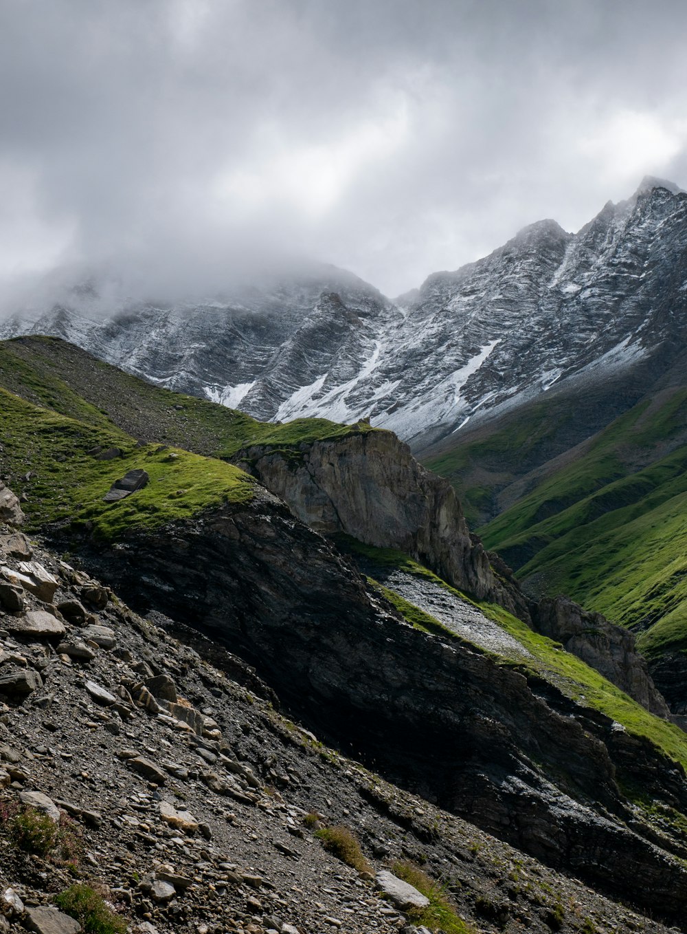 a mountain with snow on the top and green grass on the bottom