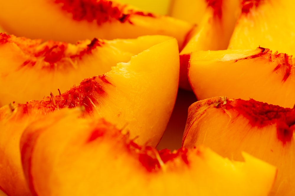 a close up of a bunch of sliced fruit