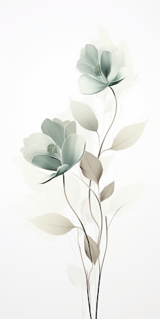 Two stylized flowers with delicate petals and thin stems set against a minimalistic background. The flowers exhibit soft gradations of pale green and white hues, creating a gentle and serene visual impact. The leaves appear translucent with a subtle touch of green tint.