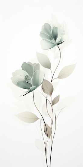 Two stylized flowers with delicate petals and thin stems set against a minimalistic background. The flowers exhibit soft gradations of pale green and white hues, creating a gentle and serene visual impact. The leaves appear translucent with a subtle touch of green tint.