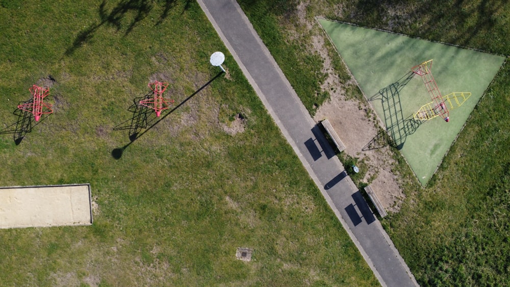 an aerial view of a park with a basketball court