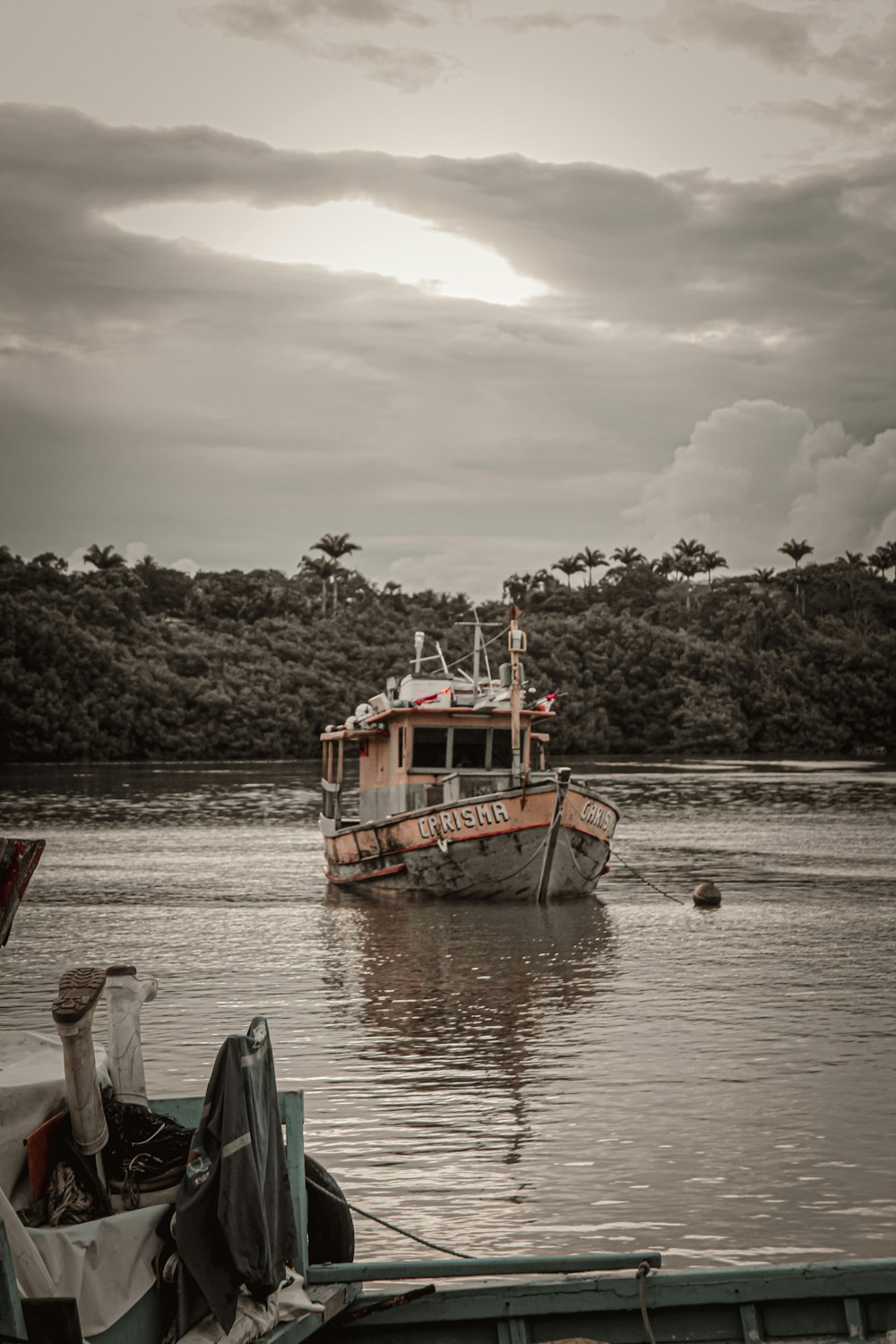 a boat floating on top of a river next to a forest