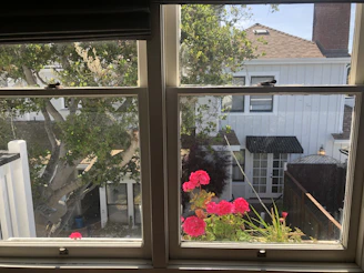 A peaceful garden view from the guest house window with blooming flowers and green trees.