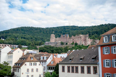 A scenic view of an old European castle perched on a hilltop with rolling green fields below.