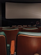 A dimly lit movie theater with green and wooden seats. The theater screen is blank, and only a few people are sitting towards the front, creating a secluded and quiet atmosphere.