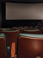 A dimly lit movie theater with green and wooden seats. The theater screen is blank, and only a few people are sitting towards the front, creating a secluded and quiet atmosphere.