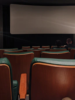 A cozy, dimly lit screening room filled with an engaged audience watching an indie film.