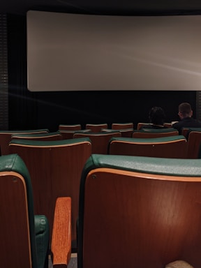 A dimly lit movie theater with green and wooden seats. The theater screen is blank, and only a few people are sitting towards the front, creating a secluded and quiet atmosphere.