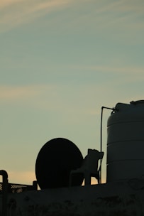 A silhouette of a rooftop setup depicting a large satellite dish, a plastic chair, and a water tank against a sunset sky. The sky has hues of orange and yellow, transitioning into light blue as it stretches upward.