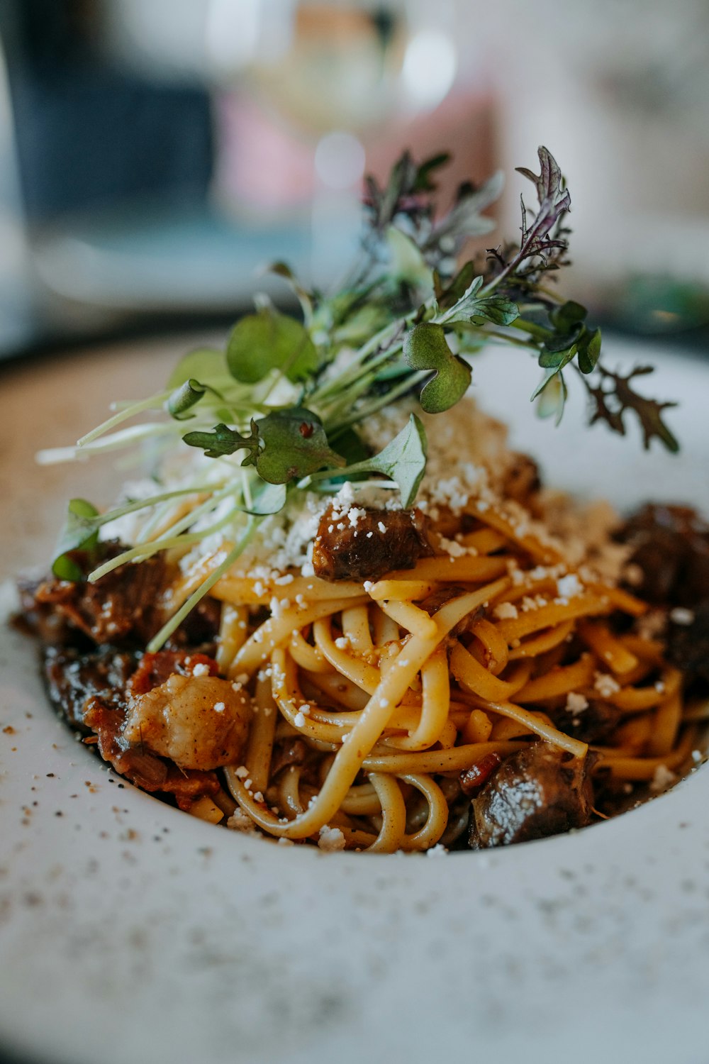 a plate of spaghetti with meat and vegetables