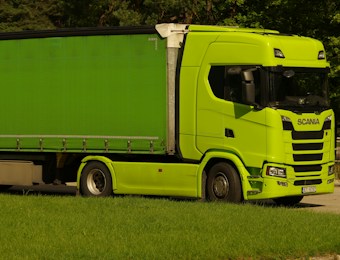 A large green truck is parked on a grassy area near a road. The truck has a vibrant green color with a matching trailer and the brand name 'SCANIA' clearly visible on the front. Surrounding the truck are trees with lush green foliage.