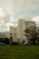 A modern white apartment building with several floors is situated behind a grassy area. In front of the building, there are three cars parked on the street. A large tree with sparse leaves stands to the right, and the sky is overcast with dense clouds.