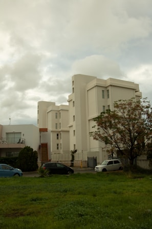 A modern white apartment building with several floors is situated behind a grassy area. In front of the building, there are three cars parked on the street. A large tree with sparse leaves stands to the right, and the sky is overcast with dense clouds.