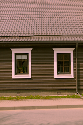 A house façade featuring a dark brown exterior with white-trimmed windows. The roof is covered in patterned shingles, and two windows are visible along the wall, each with visible interior plants. Below, there is a small strip of grass separating the building from the pavement.