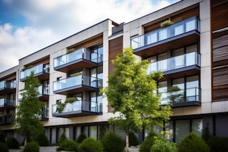 Modern apartment building with large glass balconies and a clean, linear design. The facade combines elements of white concrete and dark wood, harmoniously blending with the greenery of neatly trimmed bushes and trees in the foreground.
