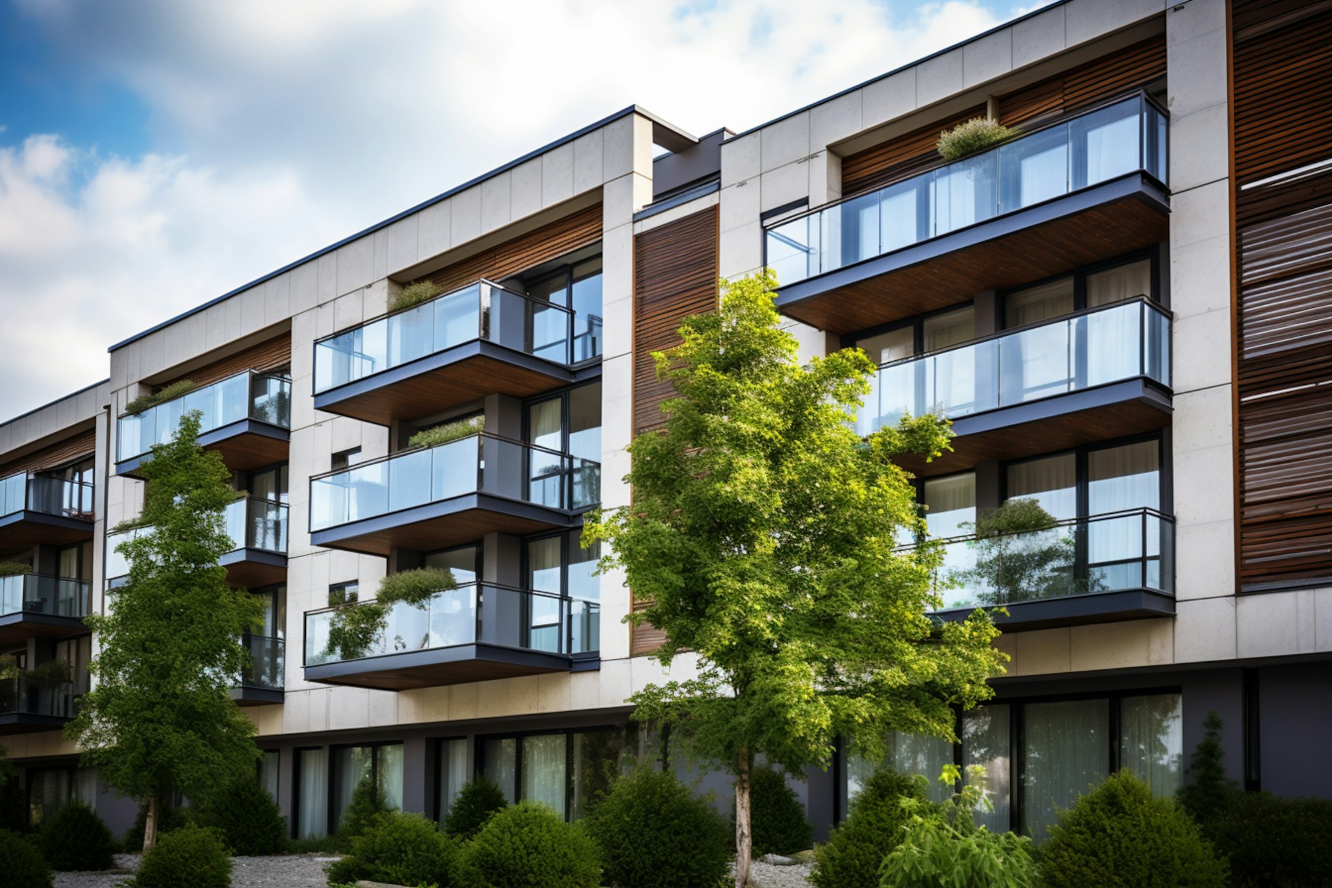 Modern apartment building with large glass balconies and a clean, linear design. The facade combines elements of white concrete and dark wood, harmoniously blending with the greenery of neatly trimmed bushes and trees in the foreground.