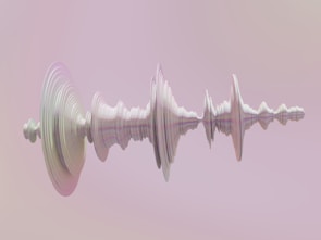 A 3D abstract form resembling a sound wave pattern is displayed against a soft pink and beige gradient background. The wave-like structure consists of smooth, rippling layers that give it a sense of depth and fluidity.