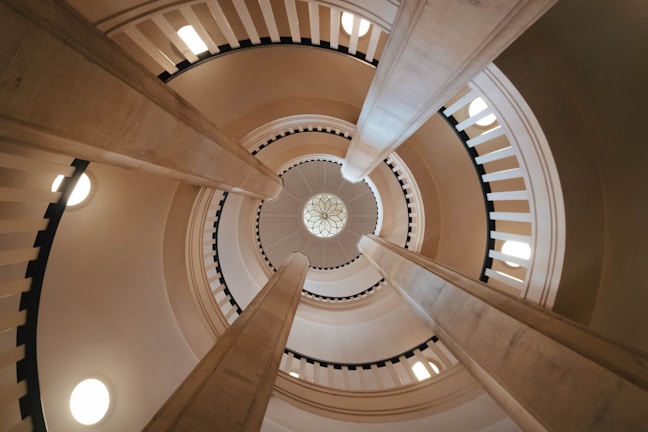 a view of a spiral staircase in a building