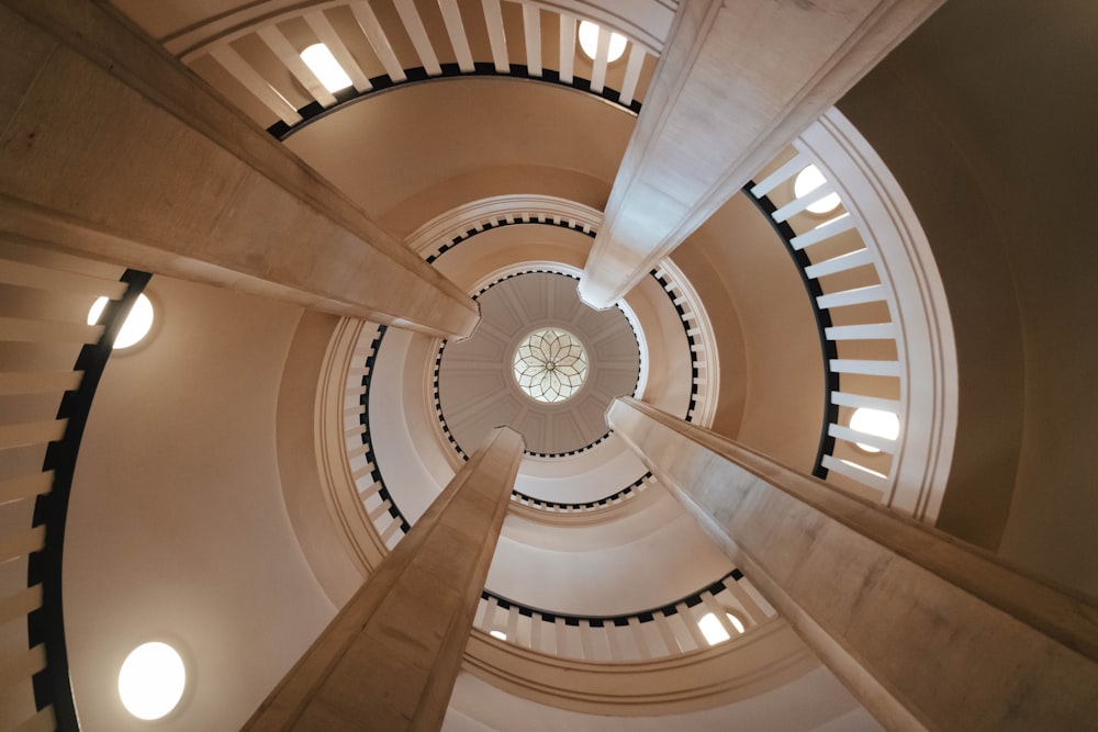 a view of a spiral staircase in a building