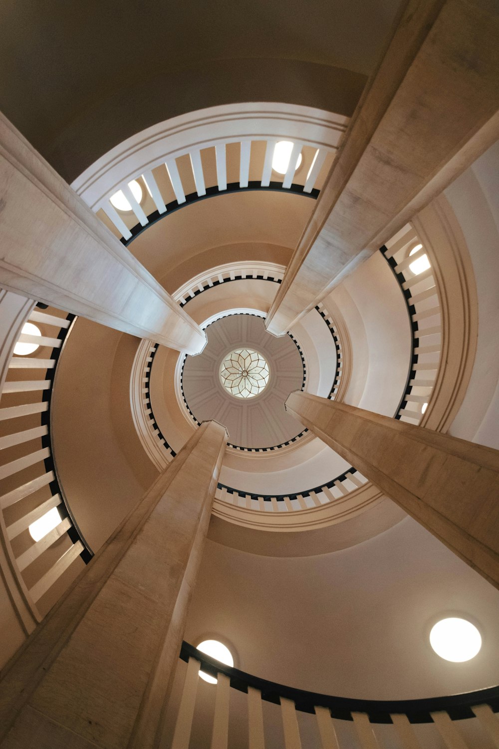 a view of a spiral staircase in a building