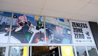 An animated promotional banner for Zenless Zone Zero features colorful characters and dynamic artwork displayed above glass doors. A pink-haired character with futuristic attire sits on a vehicle, while other animated figures appear around it. The banner includes bold text with the game’s title.