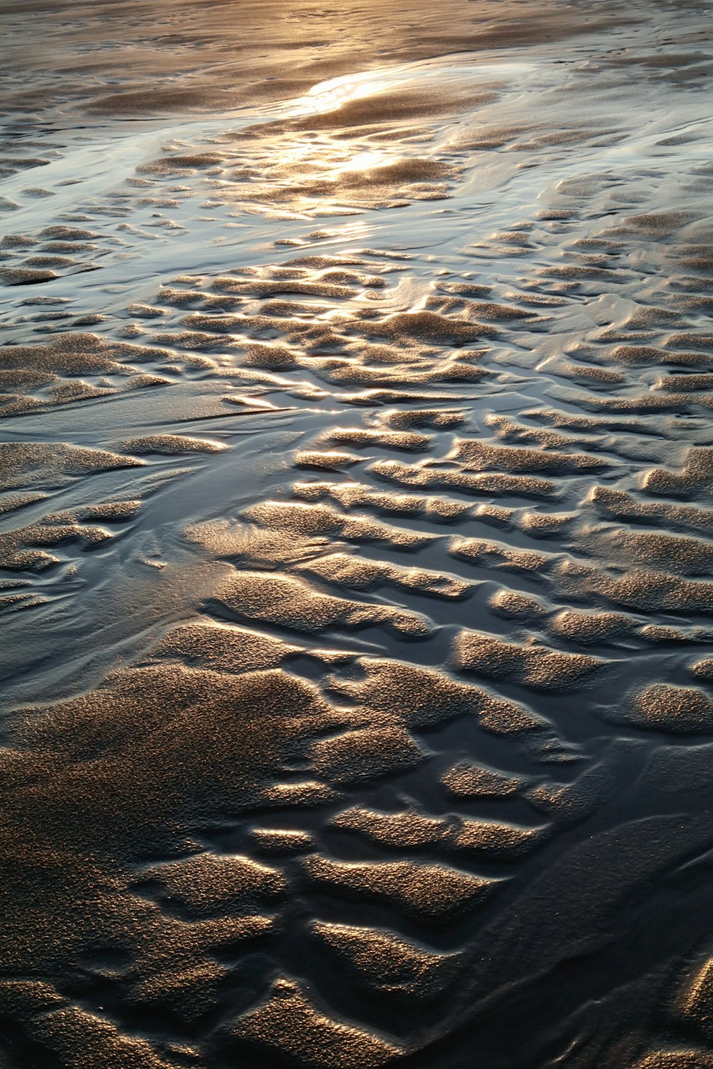 the sun is setting over the water on the beach