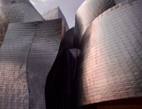 Curved, metallic architectural forms with a reflective surface that captures the light. The structure features smooth, overlapping panels that create a sense of fluidity and movement.