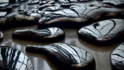 A collection of glossy, black, abstract sculptures reflecting patterns of light and shadows within a modern interior. The smooth, pebble-like forms are artistically arranged across a polished floor, creating a sense of fluidity and contemporary art.