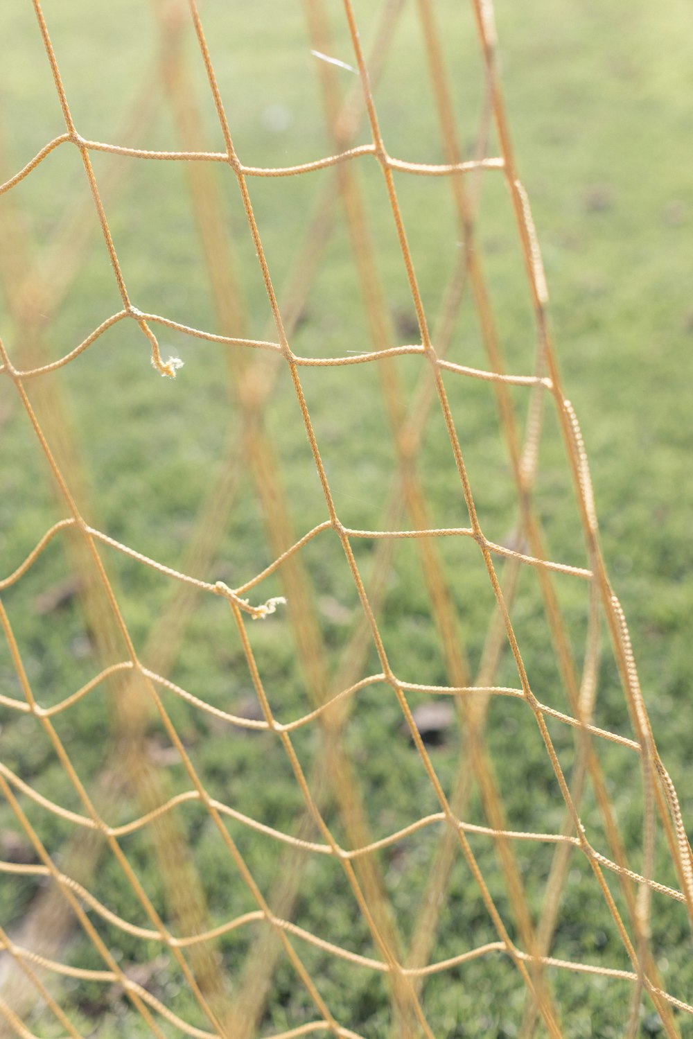 a close up of a soccer goal net with grass in the background
