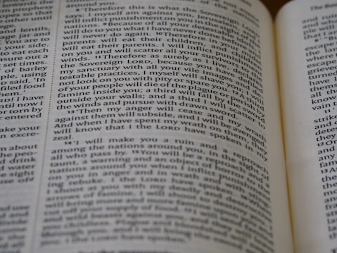 Close-up view of an open book, showing printed text across its pages. The words appear clear, with a focus on religious or biblical content.