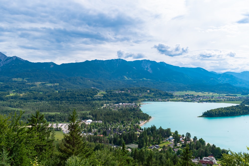 a scenic view of a lake surrounded by mountains