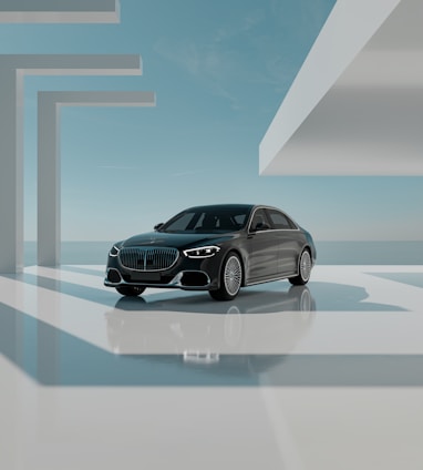 A sleek black-and-white photo of a modern luxury car parked in front of a minimalist building in Hohenlinden.