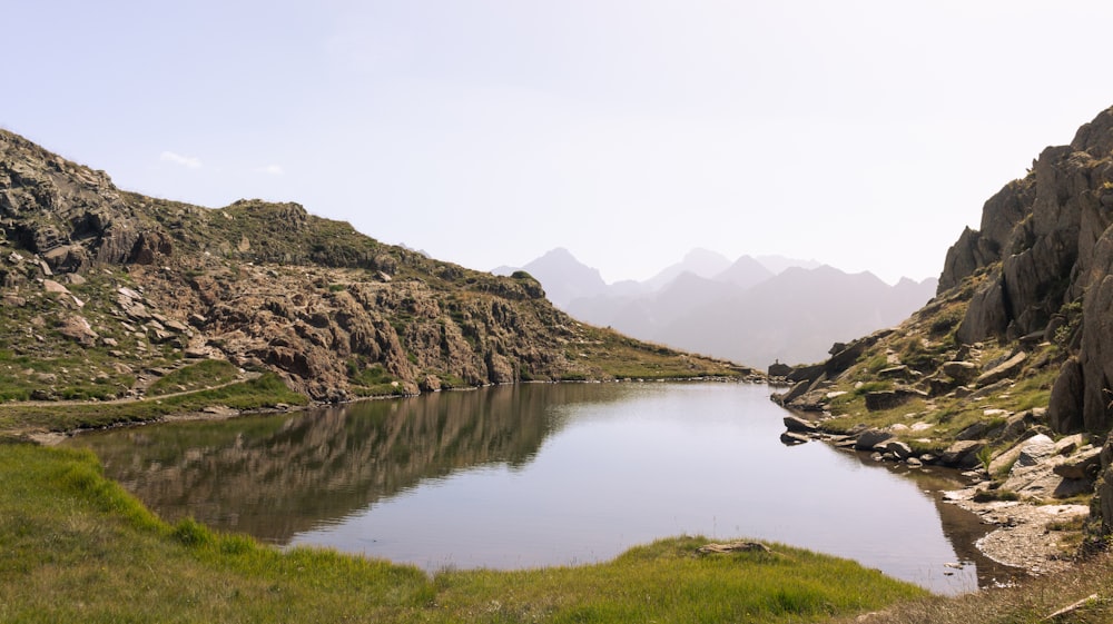 a small lake surrounded by mountains and grass