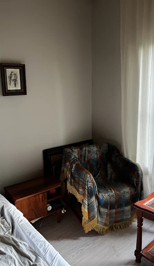 A cozy living room corner featuring soft pastel cushions and a knitted throw on a vintage armchair.