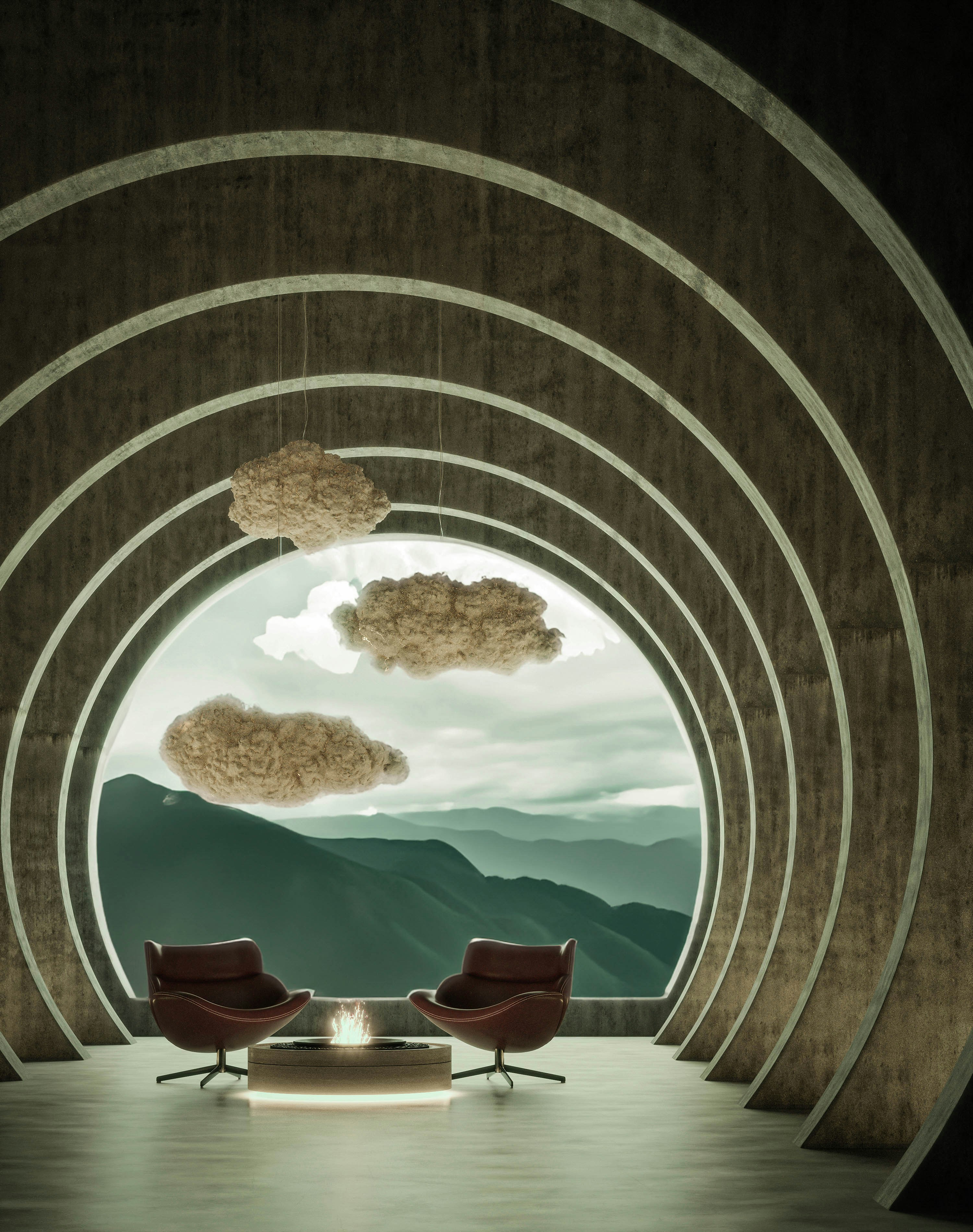 uma sala de estar com uma grande janela e vista para as montanhas