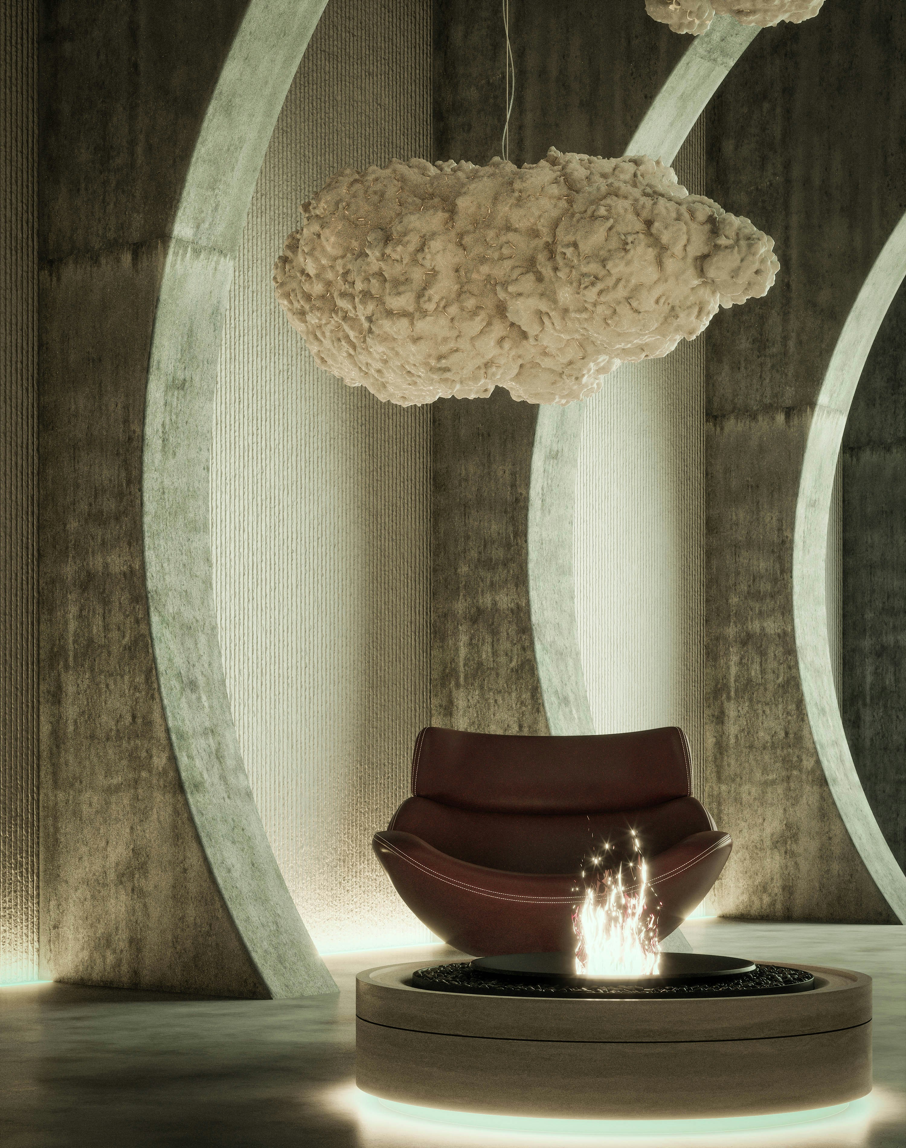 uma sala com uma cadeira e uma lareira