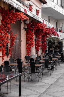 A cozy café terrace with muted coral accents, perfect for a quiet travel moment