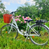 Minimalist white bicycle with leather saddle resting beside a blooming garden.