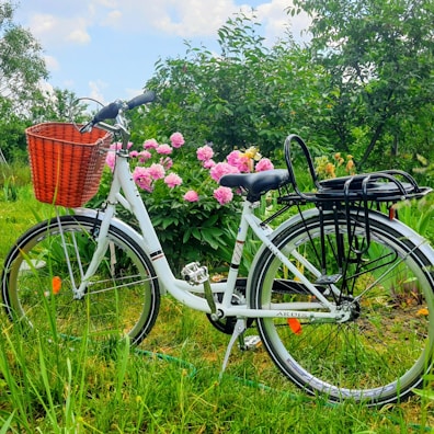 Minimalist white bicycle with leather saddle resting beside a blooming garden.