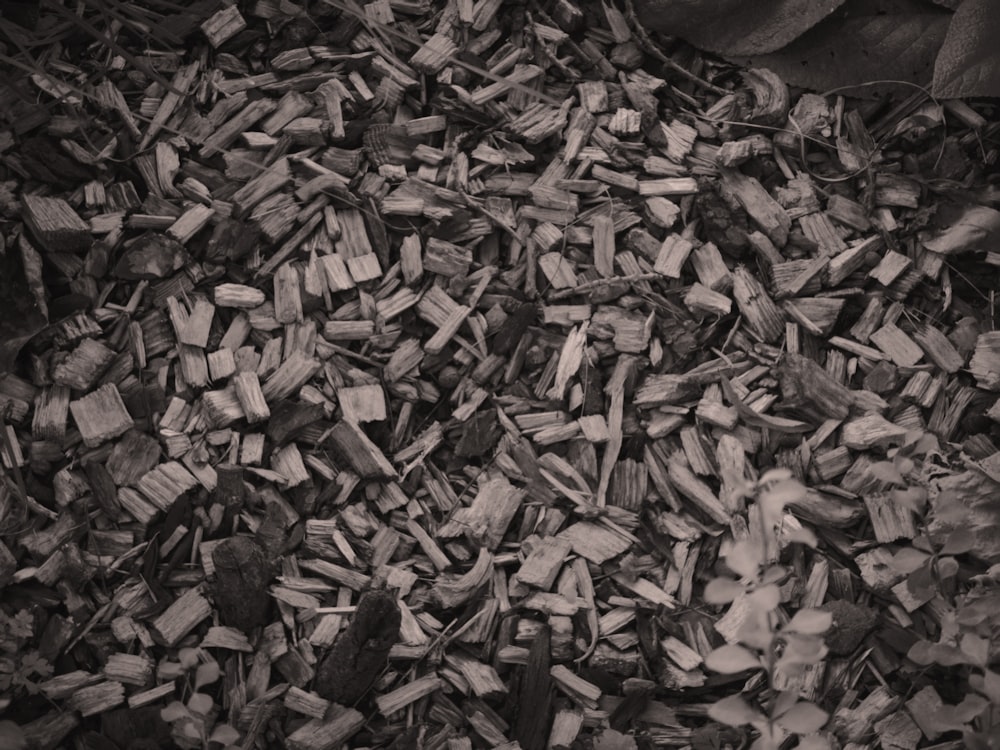 a pile of wood shavings in black and white