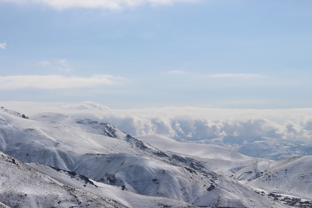 a view of a mountain range covered in snow