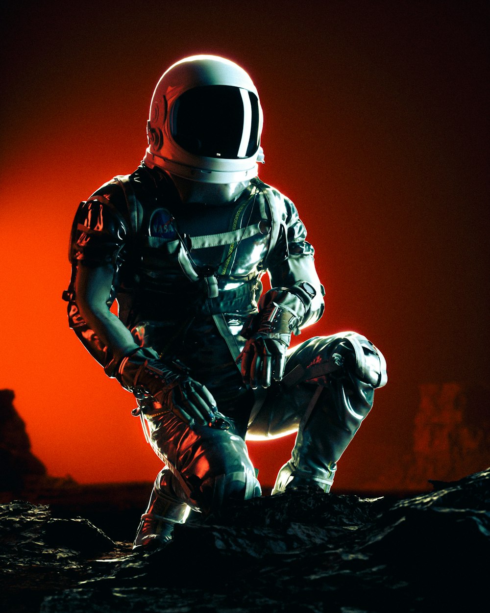 a man in a space suit kneeling on a rock