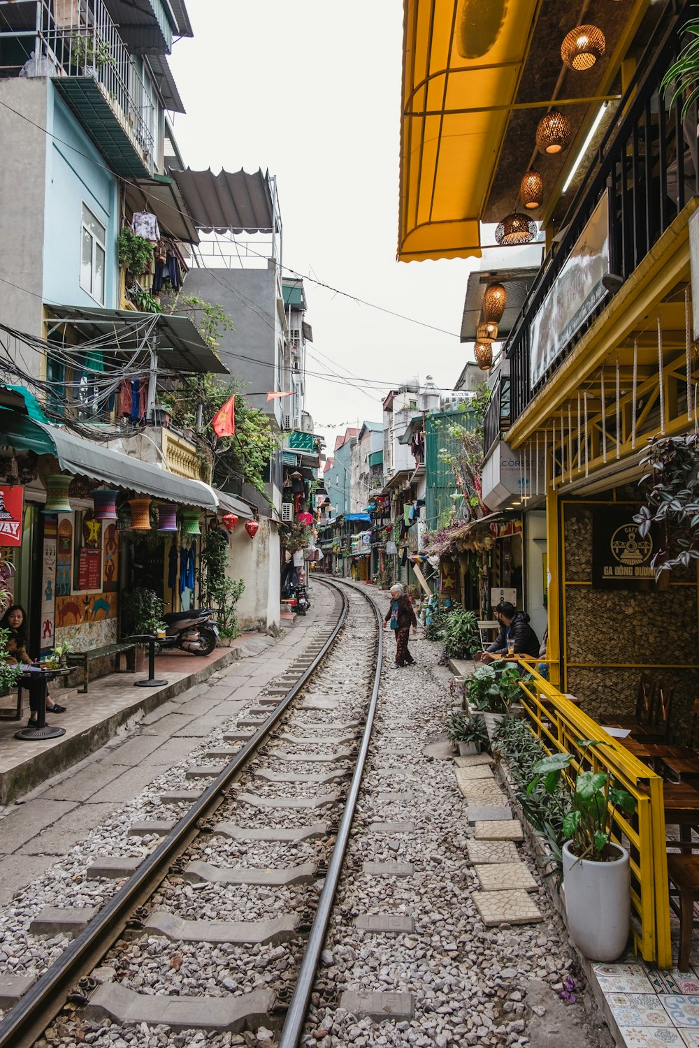 a train track running through a small town