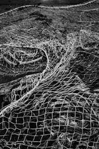Tangled fishing nets are spread out on a surface, creating a complex pattern of intertwined ropes and mesh. The image is in black and white, emphasizing the texture and details of the nets.