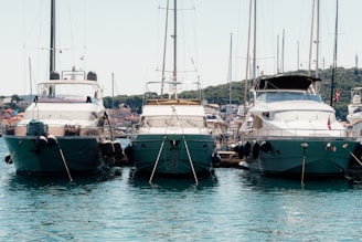 Three luxurious yachts are docked side by side in a marina, with clear blue water in the foreground. In the background, a row of small buildings and a green hillside can be seen under a clear sky.