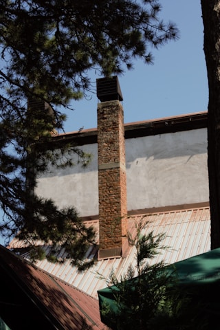 A brick chimney extends from the roof of a building, surrounded by branches of a pine tree in the foreground. The building has a metal roof with a sloping design, and the sky is clear and blue.